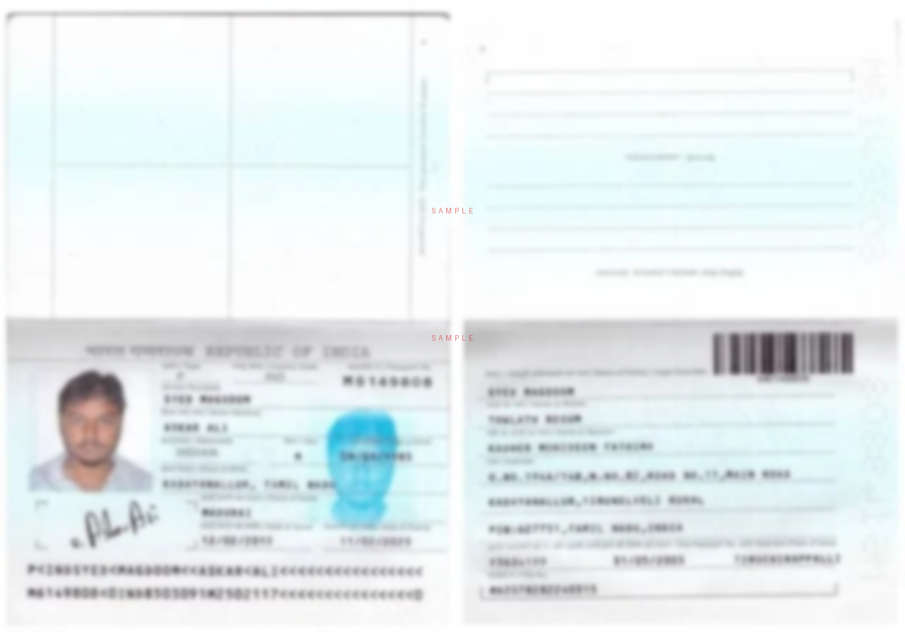 Sample passport — front & back pages